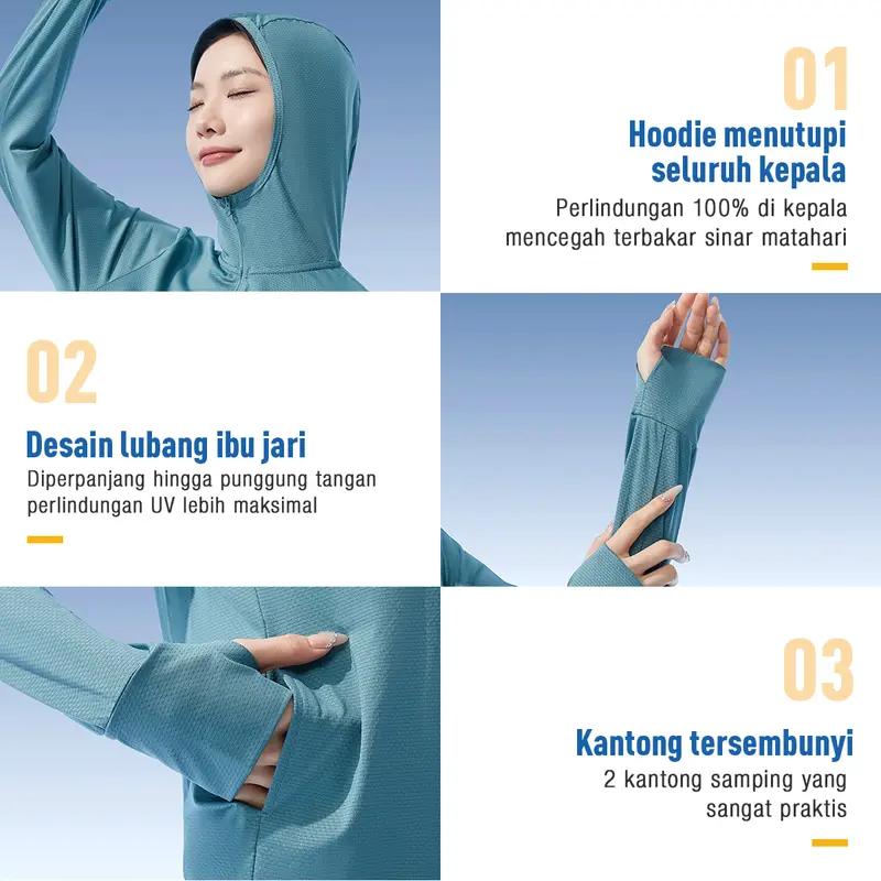 Jaket Anti UV Wanita Bahan Ice Silk Bernapas dengan Topi, Jaket Luar Ruangan Anti Sinar UV UPF50+, Pakaian Anti UV untuk Olahraga & Santai