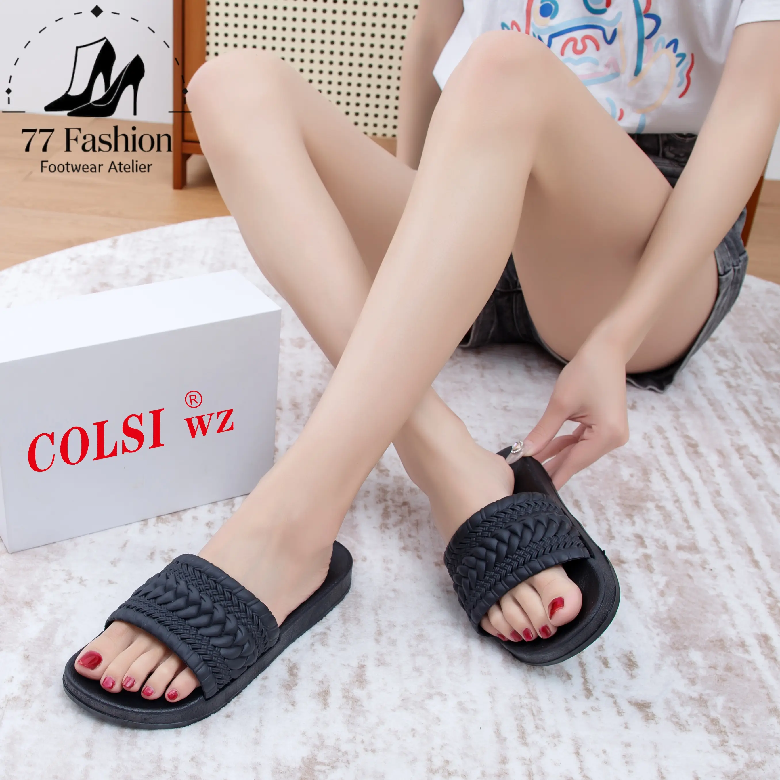 [Double 7]Colsi Women's Waterproof and Non-Slip Slippers - Lightweight Breathable Footwear with Soft Cushioning Indoor/Outdoor Use Size 36-40 Stylish Braided Pattern for Girls#WZB-2211-18L Slide Comfort