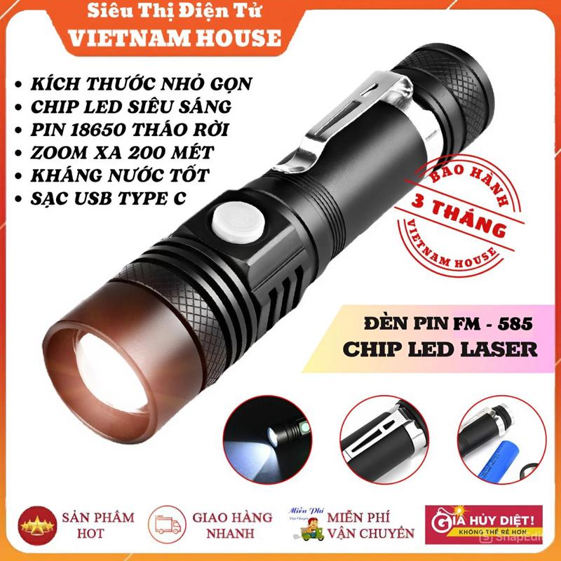 SALE || ĐÈN PIN MINI SIÊU SÁNG FM - 585 THIẾT KẾ NHỎ GỌN LED LASER ÁNH SÁNG MẠNH CÓ ZOOM XA ĐÈN PIN CẦM TAY SẠC USB XÀI PIN 18650