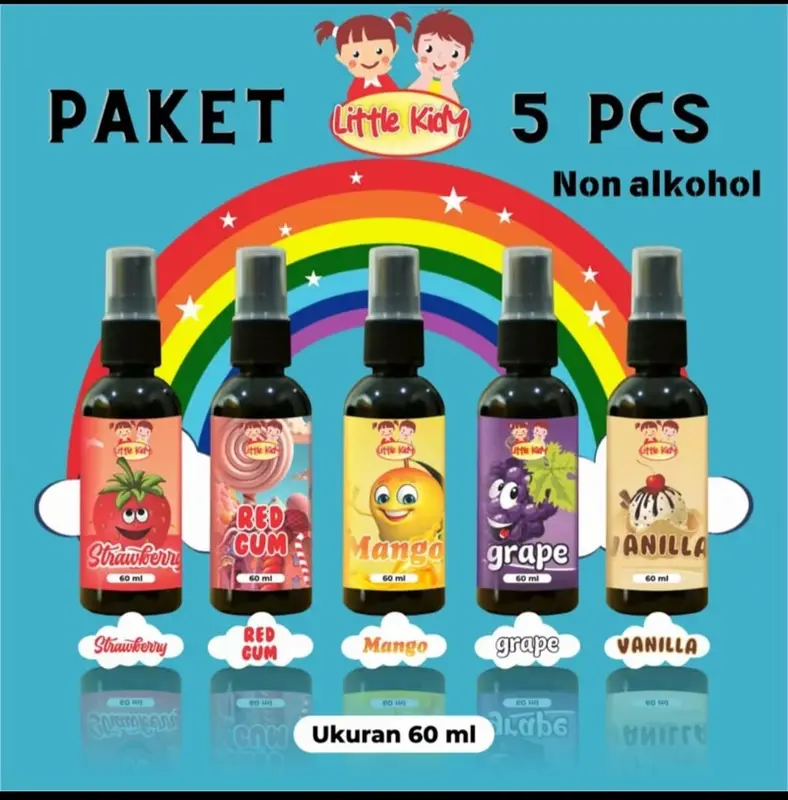 Parfum Anak isi 5pcs botol / Parfum RedGum, Strowbery, Mango, Grape, Vanilla tahanlama neto 60ml 0