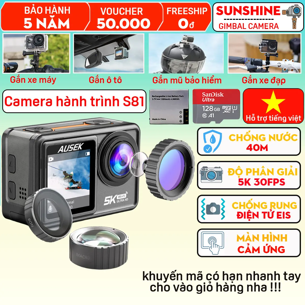 Camera hành trình ô tô, xe máy 5K AUSEK S81, Cam hành trình gắn mũ bảo hiểm, máy chụp ảnh có chống rung EIS