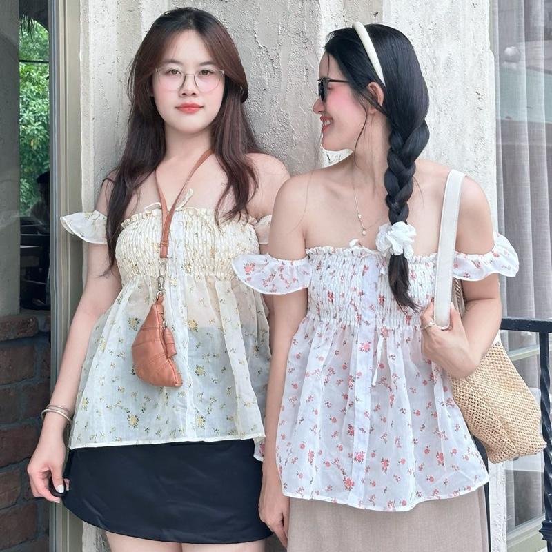 Áo Trễ Vai Hoa Nhí Bo Chun A19 - Thiết Kế Nữ Tính & Dễ Thương - Size M-L XL-2XL 3XL - Phù Hợp Nhiều Dịp Mặc