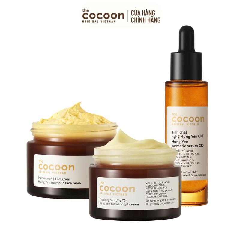  COMBO 1 Mặt nạ nghệ Hưng Yên Cocoon 30ml + 1 Thạch nghệ Hưng Yên 30ml + 1 Tinh chất nghệ C10 10% Vitamin C 30ml 