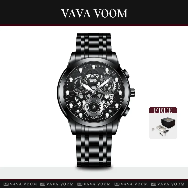 Jam Tangan Pria VAVAVOOM 2451 Stainless Steel Kuarsa Desain Kerangka Mewah Tahan Air Original + Kotak Gratis Kaca Watches