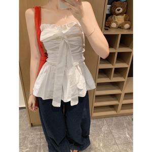 เสื้อกั๊กเกาะอก สำหรับผู้หญิง สไตล์หวาน ผูกโบว์สีขาว เอว-จีบ กระชับสัดส่วน ดีไซน์ไม่ซ้ำใคร นัวเนียฝรั่งเศส เสื้อท็อป