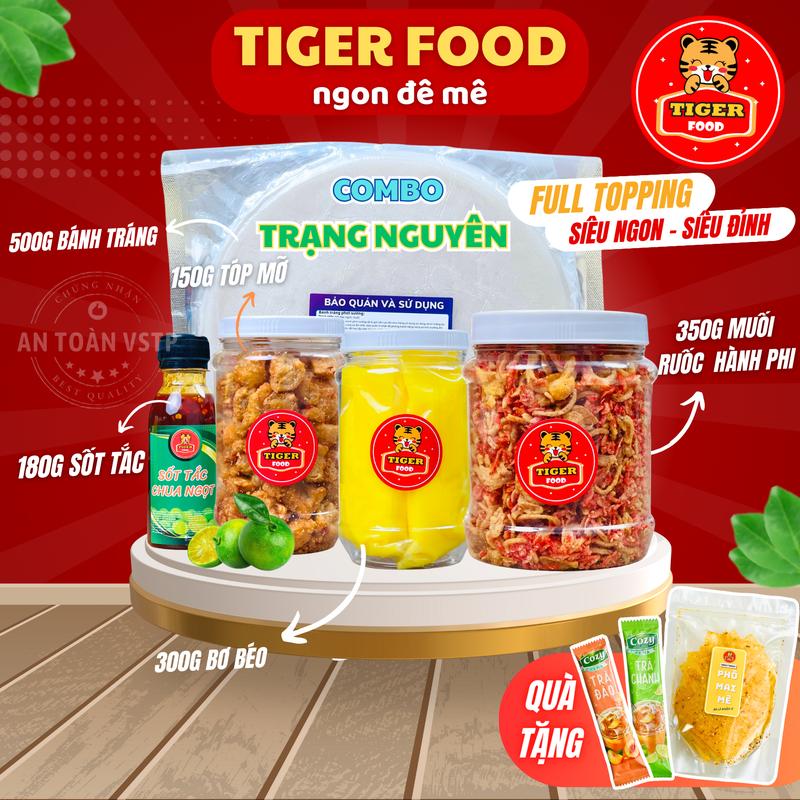 Bánh tráng phơi sương TIGER FOOD - COMBO SIÊU TO KHỔNG LỒ MỚI nhiều topping muối ruốc hành phi - tóp mỡ - bơ béo - sốt tắc Chua Cay - Tặng trà chanh trà đào + bánh tráng phô mai mè