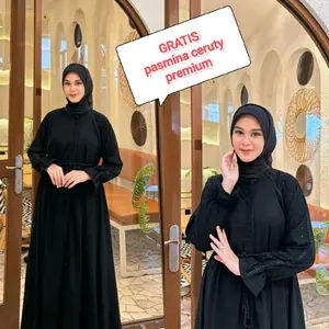 Abaya premium set kerudung pasmina ceruty gamis abaya dubai jet black wolpich wolpis resleting full bisa jadi outer terbaru