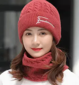 Winter Hats and Scarf Set Beanie Woman Thick Wool Neck Scarf Blue Kupluk