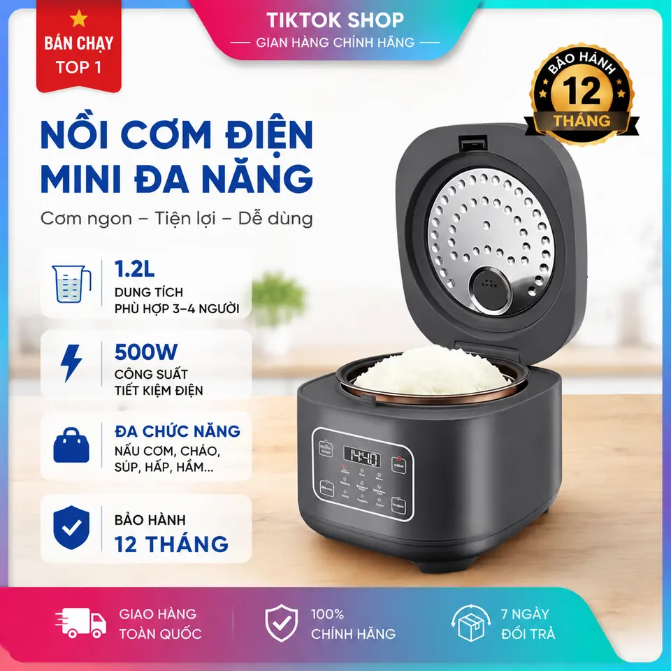 Nồi Cơm Điện Mini 1.2L Đa Năng 500W, Phù Hợp Gia Đình 3-4 Người, Bảo Hành 12 Tháng