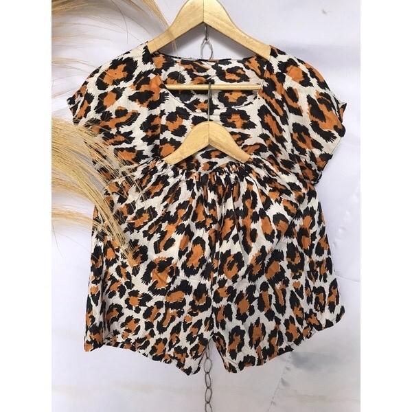￼SET PENDEK Baby doll allsize motif leopard macan dan bunga Baju Celana Dewasa Wanita Setelan 5