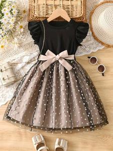 Vestido casual de verano elegante para niñas jóvenes, vestido estilo princesa con malla en forma de corazón y volantes, con cinturón con lazo, perfecto para el Día de San Valentín