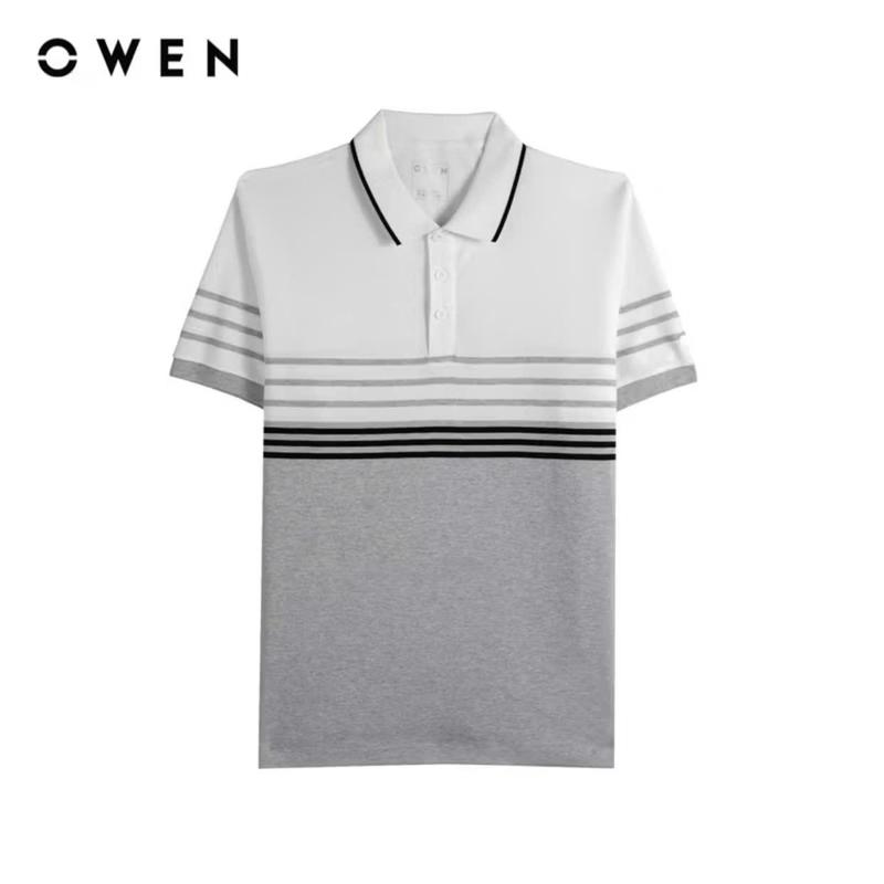 OWEN - Áo Polo nam Owen màu TRẮNG XÁM KẺ NGANG chất Cotton Superfine mềm mát thấm hút mồ hôi 253630