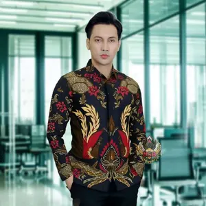 Kemeja Batik Lengan panjang pria formal Pakaian kerja kantor Atasan Cowok Slim Fit Casual