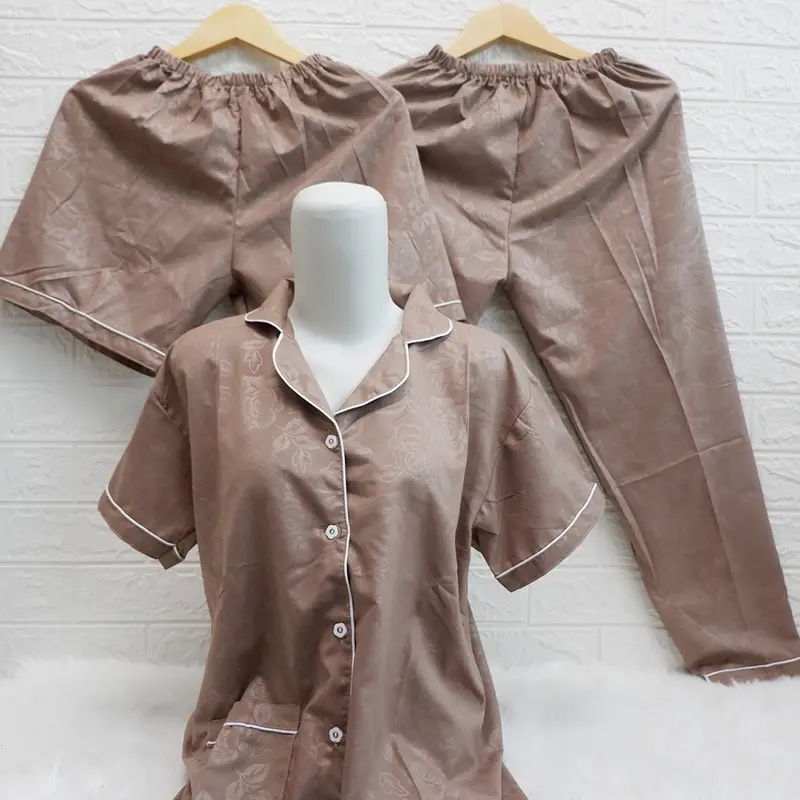 Baju Tidur Piyama Wanita Cewek Pajamas Dewasa Katun Motif Embos Celana 3in1 4