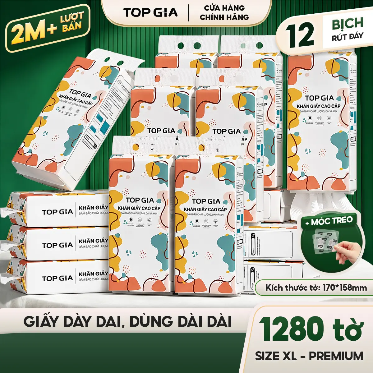 [SIÊU TIẾT KIỆM - BẢN CAO CẤP] Thùng 12 Bịch Khăn Giấy Đa Sắc 1280 Tờ - Size Đại - Kích Thước 158x170mm Tặng 4 Móc Treo Tường Rút Đáy - Tiện Lợi - An Toàn - Đạt Chuẩn Bộ Công Thương TopGia RDS17