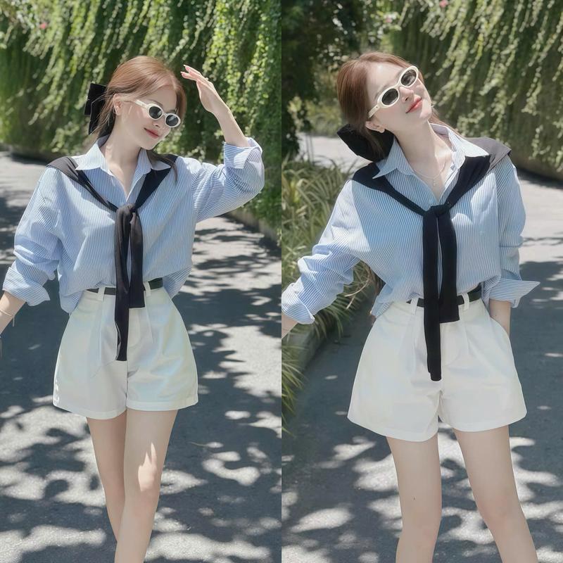  Set đồ nữ 4 món áo sơ mi sọc kèm khắn choàng phối quần đùi kaki   kèm nịt   cá tính năng động trẻ trung phù hợp cho các nàng diện đi chơi đi tiệc đi du lịch 