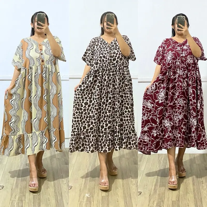 Daster Rayon Jumbo Wanita LD 140cm Lengan Pendek Rample Bawah Busui Able Nyaman Lembut dengan Kancing Aktif di Depan 2