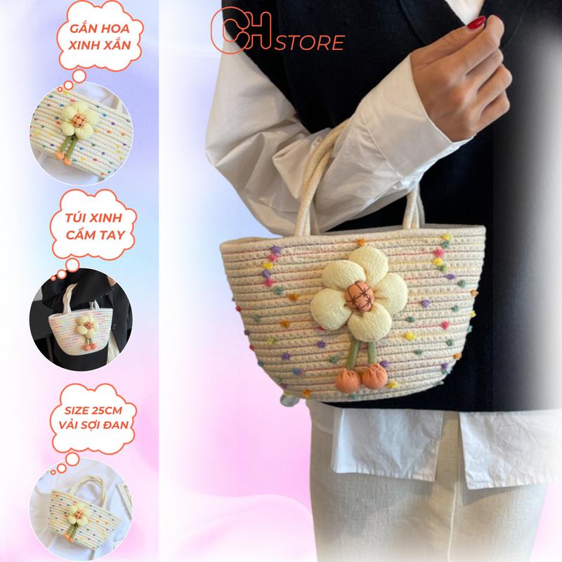 Túi xách nữ túi đi biển đeo tay tote vải sợi đan hoạ tiết bông hoa xinh đáng yêu Bag