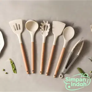 Simpan Indah Set 6pcs Pisau Kue Silikon Anti Lengket Spatula Berlubang Handle Kayu Food Grade Alat Dapur Estetik & Praktis Peralatan