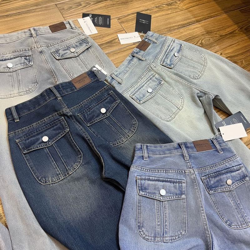 (Live) Quần jeans nữ Ống suông vải không giãn phối đĩa đôi túi hộp Phía sau Q1620