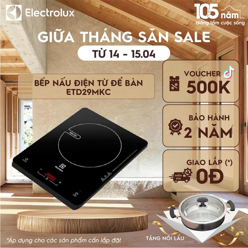 [Tặng Kèm Nồi Lẩu] Bếp nấu điện từ để bàn Electrolux 2000W - ETD29MKC - Trình điều khiển an toàn, nhiều mức nhiệt Bếp Từ