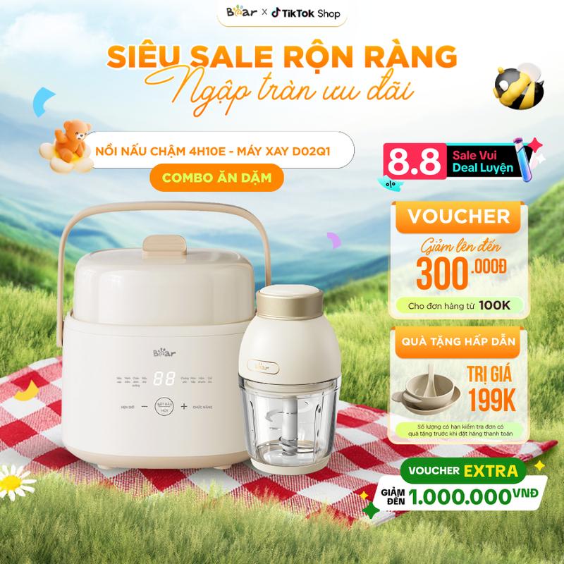 [Tặng cẩm nang ăn dặm] Combo Ăn Dặm Nồi Nấu Chậm BEAR 1L 4H10E Nồi Chưng Yến Và Máy Xay Ăn Dặm Cầm Tay D02Q1 6 Lưỡi Dao Xay Thịt Cá Rau Củ cho Bé