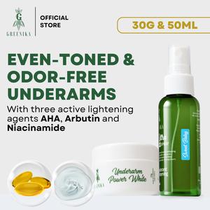[ DEOULTRA SCENTED + UNDERARM CREAM ] Greenika DeoUltra Sweet Baby + Underarm Power White Combo - Underarm Deodorant Spray Skin Brightening Hydrating Deo Spray and Moisturizer for Dark Underarms