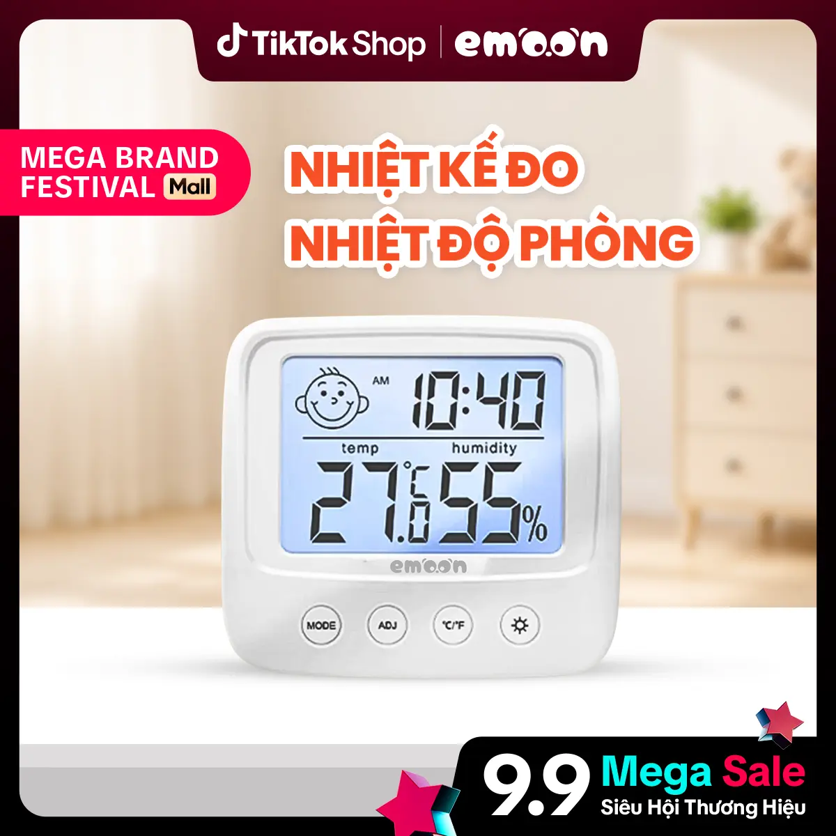 [LIVE] Nhiệt Ẩm Kế Đo Nhiệt Độ Phòng Điện Tử EMOON Cho Bé, 4 Trong 1: Đo Nhiệt Độ, Độ Ẩm, Báo Thời Gian, Cảnh Báo Cảm Xúc Có Đèn Led Sáng, Tặng Kèm Pin.