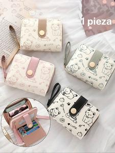 Cartera mini para mujer con lindo estampado de gato, monedero pequeño con cremallera, múltiples ranuras para tarjetas, correa para la muñeca, gran capacidad y cuero sintético a la moda