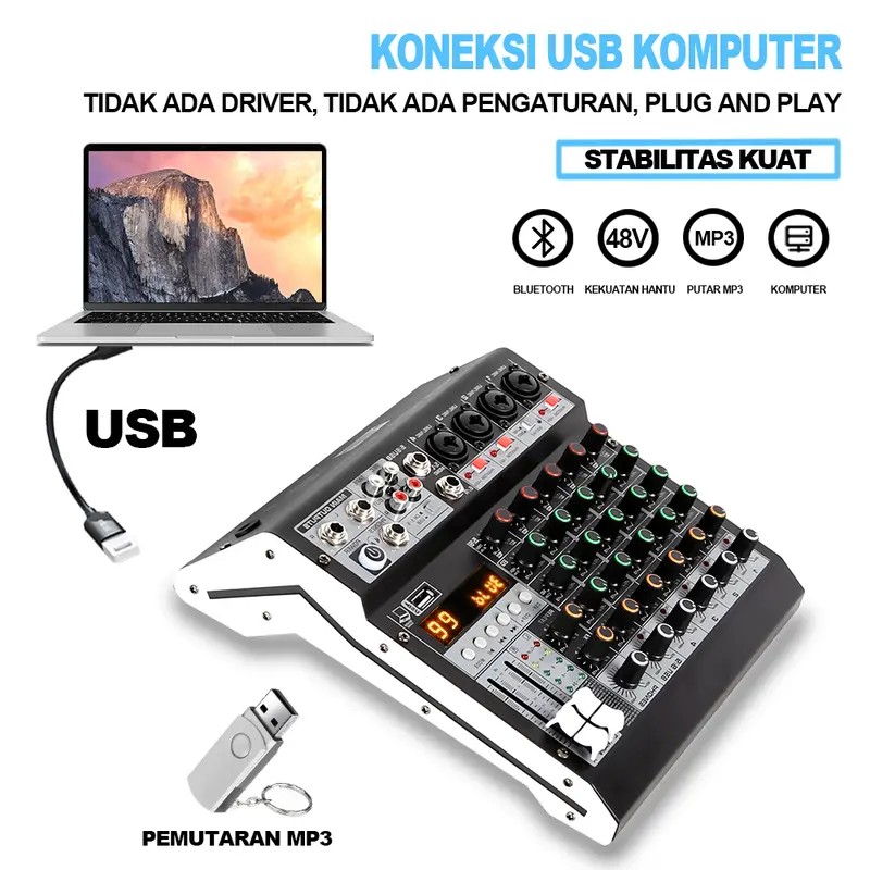 BOMGE 6 Channel audio mixer HM，99DSP Iron Plate，USB DJ Mixing Console MP3 Jack 48V Power Supply for Computer Recording, 6 Channel Band Mixing Board for Studio Recording 4