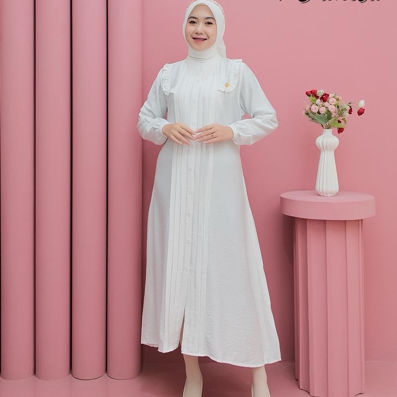 Aleva Midi Dress Polo Linen Kancing Premium By VanilaHijabFashion Lembut Wanita Muslim Linen Midi Nyaman Mewah 4