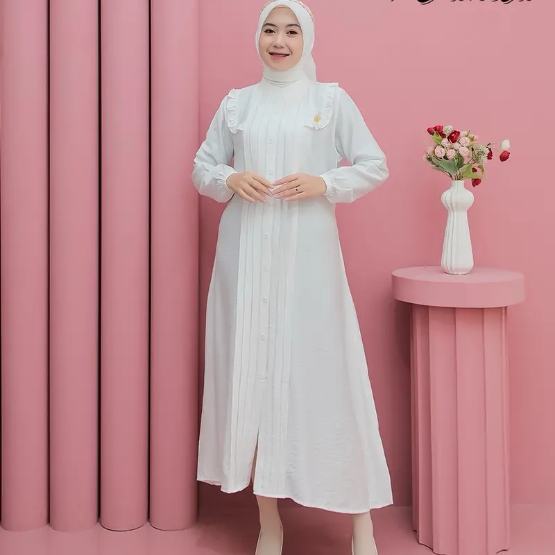 Aleva Midi Dress Polo Linen Kancing Premium By VanilaHijabFashion Lembut Wanita Muslim Linen Midi Nyaman Mewah 4