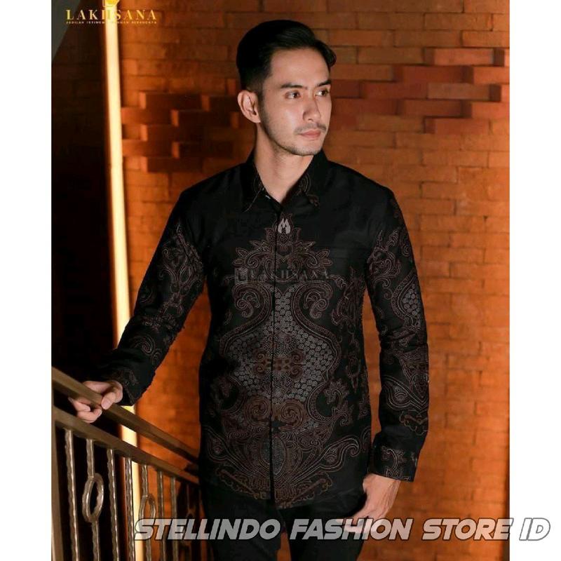 Kemeja Batik Pria Modern Katun Halus Atasan Batik Cowok Baju Kemeja Batik Lengan Panjang Hitam Size M L XL XXL 8