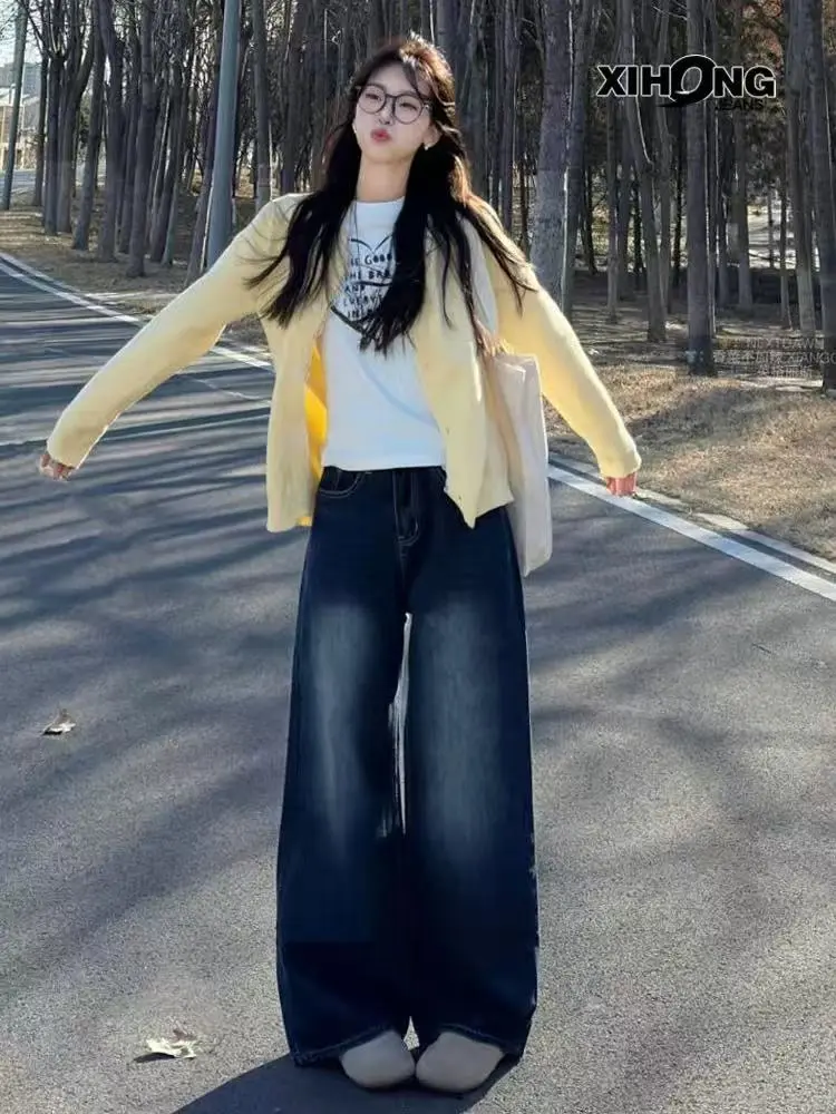 rin ZX American high street straight jeans women's high waist wide leg
