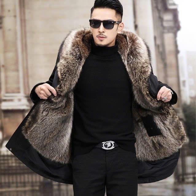 Áo Khoác Parka Nam Dáng Dài Lửng Lông Thú Dài Mềm Mịn Có Thể Tháo Rời Lông