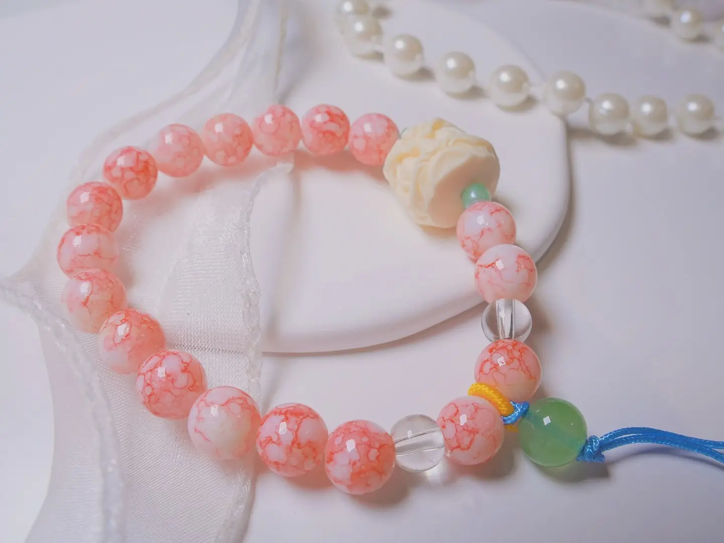 Unique Accessory, Gradient Crackle Glass Adorable Lion Bracelet_Peach Pink for Women/Girls