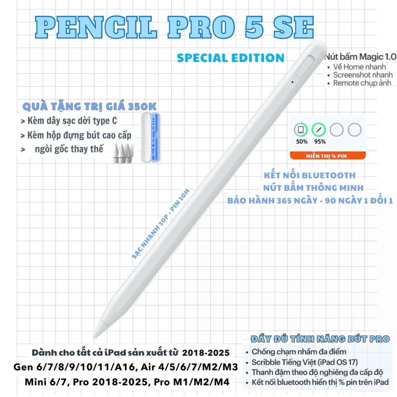 Pencil Pro 5SE Bút cảm ứng cho iPad Pro M4 M2 M1 ,iPad Air M3 M2 7 6 5 4 3 ,iPad Gen 6 7 8 9 10 11 A16 ,iPad Mini 5 6 7 chống tỳ đè kết nối Bluetooth ,sạc nhanh type C Phụ Kiện iPad
