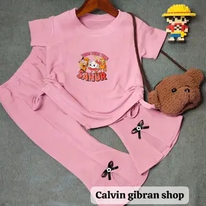 One set crop top anak perempuan anomali BALLERINA CAPPUCCINA&TUNG TUNG SAHUR/BAJU SETELAN CELANA CUTBRAY belah tengah variasi pita Cantik fashion