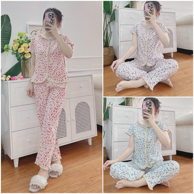 (Châu) Bộ vạt cong phối bèo hoa nhí chất lụa mềm mát