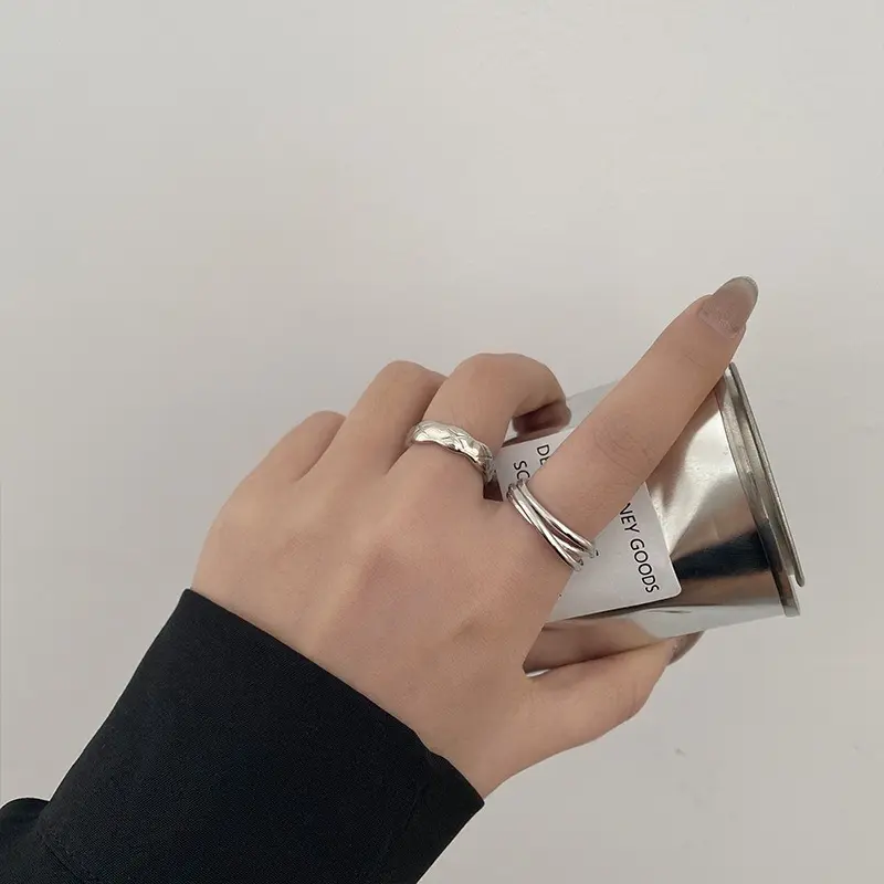Korean Simple Double Layer Crossing Ring Female Geometric Irregular Opening Adjustable Silver Color Jewelry Student INS Birthday Gift