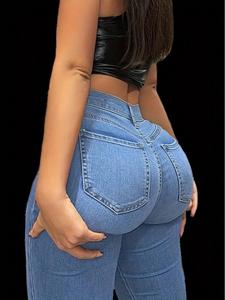 Jeans Skinny para Mujer Corte Curvo Regular Fit Cintura Alta Elástica Lavado Azul Claro Algodón Casual Primavera Otoño Unicolo