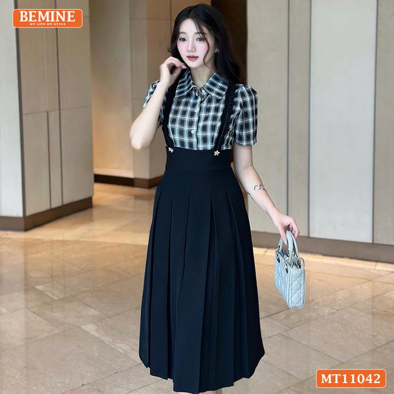 Đầm thiết kế BEMINE cổ đức phối caro viền bèo dáng chữ A phù hợp đi làm-MT11042