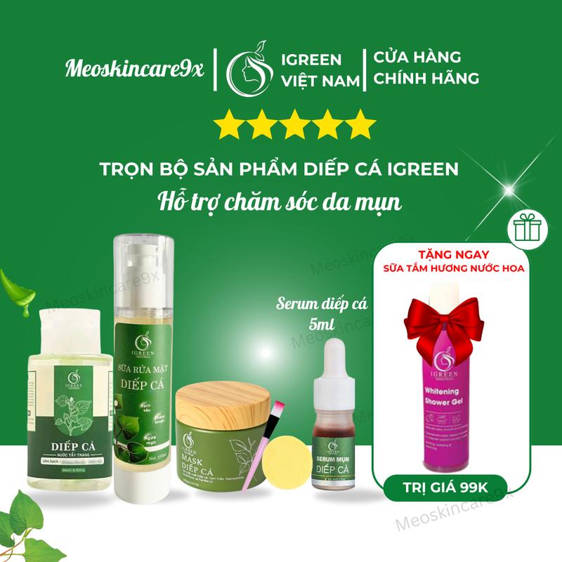  Combo 4 sản phẩm Igreen: Nước tẩy trang 200ml sữa rửa mặt 100ml mask diếp cá 120gr serum diếp cá 5ml women skincare chăm sóc da mụn 