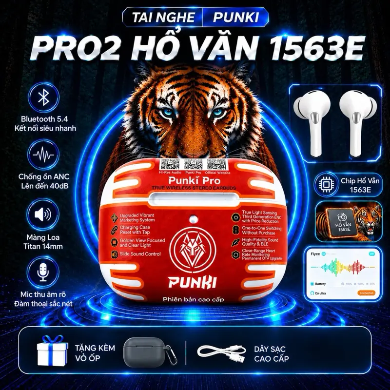 Tai Nghe PUNKI PRO2 1563E Hổ Vằn (TWS-X1), Bluetooth 5.4 ANC, Tặng Vỏ Ốp, Bảo Hành 6 Tháng