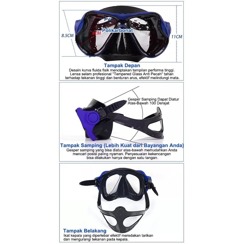 Kacamata Snorkeling / Renang Anti Kabut - Kaca Tempered HD, Perlengkapan Selam untuk Pemula & Profesional, Termasuk Snorkel