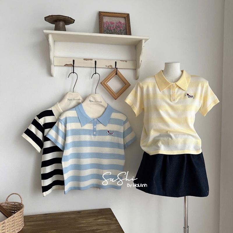 Áo Polo Kẻ Dáng Xuông,Chất len Mtg Mỏng Nhẹ Hoạ Tiết Thêu cún Hàng QC 3 Màu (M140)