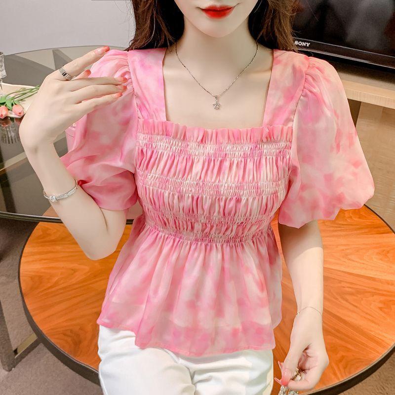 Áo Sơ Mi Hoa Cao Cấp, Tay Áo Phồng, Màu Sắc, Xếp Ly, Giảm Béo, Đa Năng, Ngọt Ngào, Voan, Mùa Hè Nữ Women Top Màu Hồng Voi Shirt 4