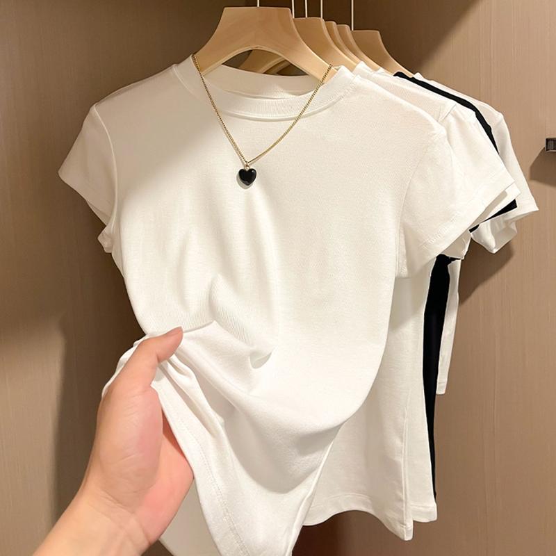 Áo thun ngắn tay nữ mới, màu trắng, cổ cao mùa hè, áo ôm body, áo lót.áo trắng