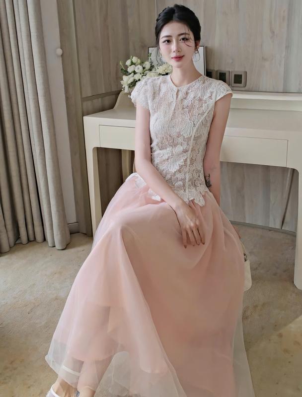 BIGSIZE HIẾU HIẾU (55-95KG) - Set thời trang nữ đi tiệc Váy 2 dây voan dáng dài + Áo ren hoa tay cánh dơi S653