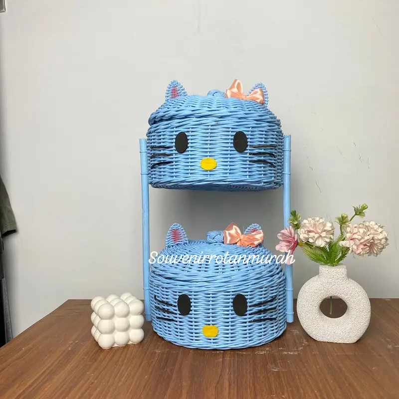 RAKIT SENDIRI Keranjang Rotan Bumbu Karakter Hello Kitty Susun 2 / Kucing Dapur Aestetic Souvenir Rotan Murah / Hamper Unik 1